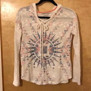 Aztec print lace neck sweater